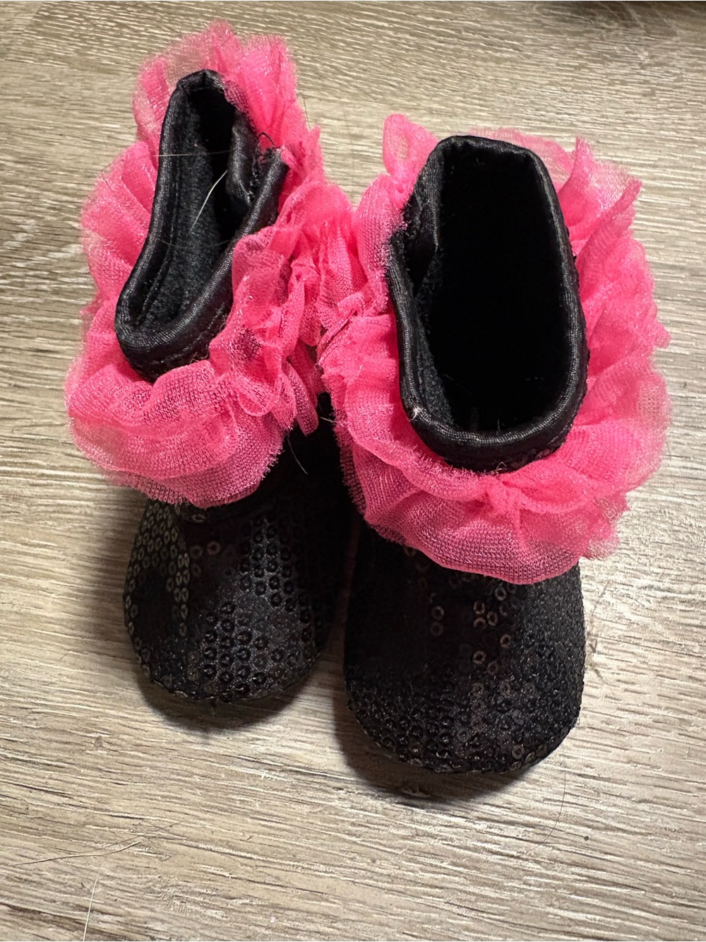 Black Sequin Kids Boots with Pink Tulle Ruffle